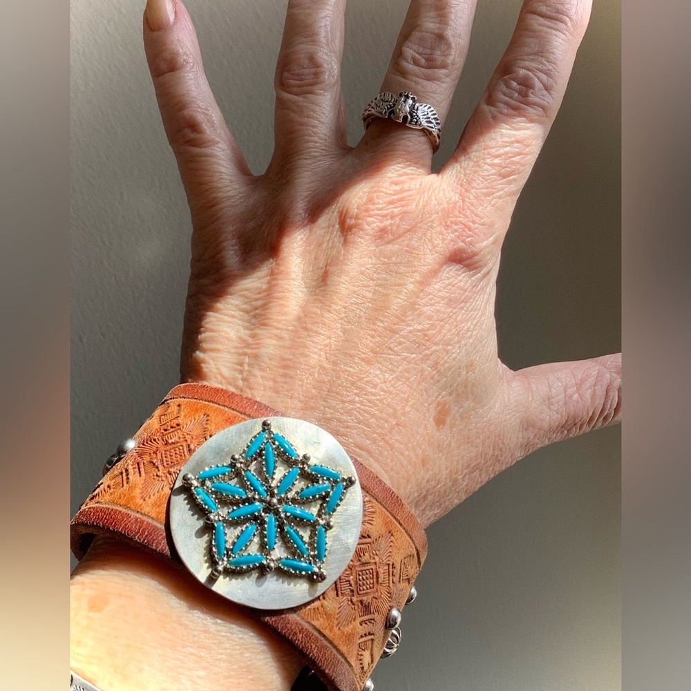 Turquoise Starburst Leather Cuff , up to 7 1/4” wrist